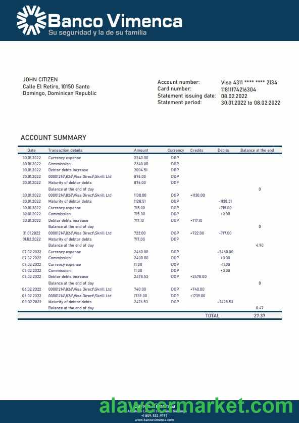 Dominican Republic Banco Vimenca bank statement template, Word and PDF format